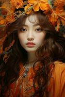 asiatisk koreanska flicka skön ögon orange och gul toner ai generativ foto