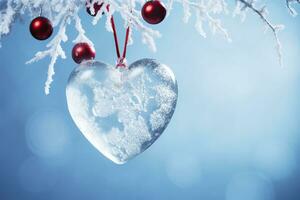 jul och ny år bakgrund med en hjärta på en snöig träd branch.ai genererad foto