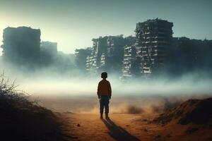 mitten östra förtvivlan, barn står ensam i övergiven urban ruiner, ai genererad foto