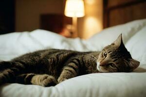 solo- kattdjur slappa på säng, tyst avslappning, ai genererad foto