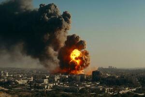 kaos i de mitten öster, bomba explosion i de stad, ai genererad foto