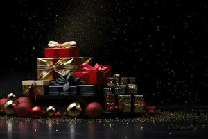 jul eller ny år bakgrund med gåva lådor, röd och guld bollar och snöflingor på svart bakgrund.ai genererad foto