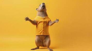 rolig hamster i en gul t-shirt på en gul bakgrund.ai genererad foto