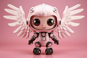 söt rosa robot med vingar på en rosa bakgrund.ai genererad foto