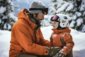 far och son åka snowboard i de berg. vinter- roligt för family.ai genererad foto