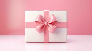 3d vit gåva låda med rosa rosett på en rosa bakgrund.ai genererad foto
