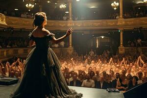 flamenco dansare i de hörsal av de teater. skön flicka på de bakgrund av de konsert hall, ett opera sångare full bak- se sång i främre av stor publik, ai genererad foto