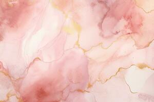 rosa abstrakt vattenfärg bakgrund. hand dragen illustration med marmor textur. abstrakt dammig rodna flytande vattenfärg bakgrund med gyllene sprickor och fläckar, ai genererad foto