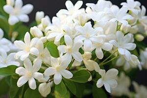 vit jasmin blomma blomning i de trädgård, thailand. skön jasmin vit blommor, ai genererad foto