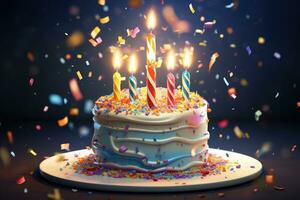födelsedag kaka med brinnande ljus och konfetti på en mörk bakgrund, födelsedag kaka med brinnande ljus och konfetti, 3d illustration, ai genererad foto