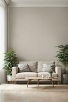 mysigt, minimalistisk levande rum med en beige soffa och en trä- kaffe tabell ai genererad foto