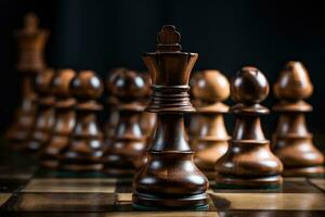 trä- schack bitar på en schackbräde. svart bakgrund. selektiv fokus. schack bitar på de schackbräde. närbild, ai genererad foto