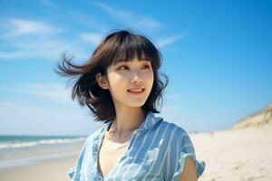 skön ung asiatisk flicka bär sommar klänning i solig dag ai generativ foto