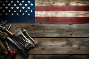 amerikan flagga och verktyg på trä- bakgrund. reparera och konstruktion begrepp, mekaniker verktyg och USA flagga på trä- bakgrund, kopia Plats, ai genererad foto