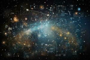 planeter och konstellationer i Plats. element av detta bild möblerad förbi nasa, matematisk och fysisk formler mot de bakgrund av en galax i universum. Plats bakgrund, ai genererad foto