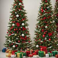 skön jul träd i dekorerad levande rum. festlig interiör förbi ai genererad foto