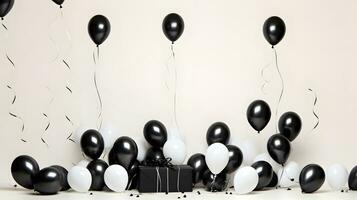 svart och vit ballong fest, en firande med gåva låda och konfetti foto