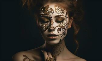 de konstnärlig kvinna prunkade uttrycksfull ansikte tatueringar med fascinerande mönster. skapande använder sig av generativ ai verktyg foto