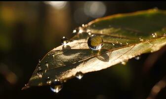 solbelyst vatten liten droppe på en grön blad skimrar i de Sol. skapande använder sig av generativ ai verktyg foto