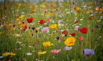 vår äng blooms med en upplopp av färgrik blommor skapande använder sig av generativ ai verktyg foto