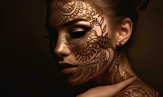 de djärv kvinna visat upp invecklad ansikte mönster i tatuering stil. skapande använder sig av generativ ai verktyg foto