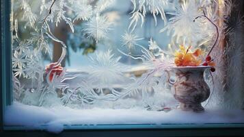 ai generativ vinter- frost på glas med små dekorationer på eller Bakom de fönster foto