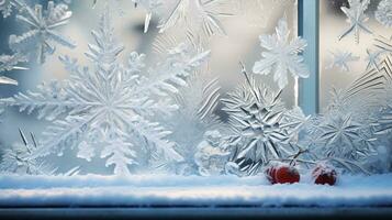 ai generativ vinter- frost på glas med små dekorationer på eller Bakom de fönster foto