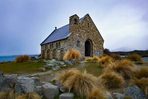 kyrka för god herde viktigt landmärke och resmål nära sjön Tekapo södra ön nya Zeeland foto