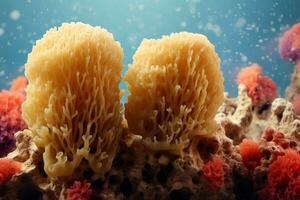 två vibrerande hav svampar bland under vattnet scen på hav bakgrund. ai generation foto