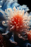 vertikal närbild av enda korall polyp, visa upp de fascinerande mönster och texturer inom dess genomskinlig strukturera. ai genererad foto