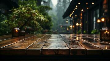 trä- tabell i ett utomhus- restaurang eller bar, ai genererad foto