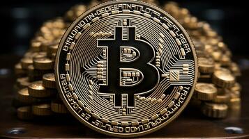 bitcoins på de tabell, kryptovaluta bakgrund bild, ai genererad foto