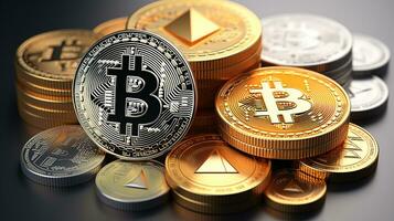 bitcoins på de tabell, kryptovaluta bakgrund bild, ai genererad foto