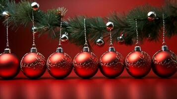 festlig jul dekoration på röd bakgrund, ai genererad foto
