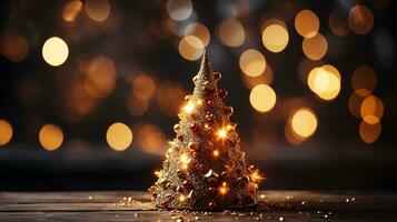 små jul modern träd, bokeh ljus bakgrund, ai genererad foto