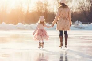snöig upptäckter med mamma och dotter - ai genererad foto