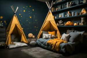 barnkammare rum i barn rum på Hem natt se professionell reklam fotografi ai generativ foto