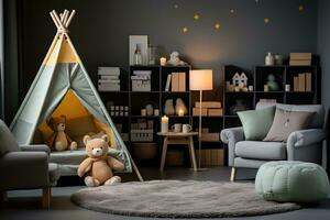 barnkammare rum i barn rum på Hem dag se professionell reklam fotografi ai generativ foto