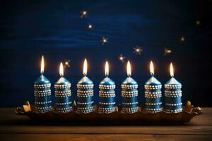 jewish Semester Hanukkah, ljus på blå bakgrund. ai genererad foto