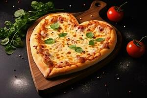 hjärta formad pizza på trä- bakgrund. ai genererad foto
