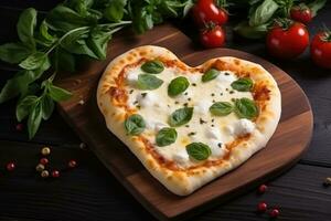 hjärta formad pizza på trä- bakgrund. ai genererad foto
