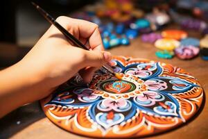 händer teckning peruvian mandala. ai genererad foto