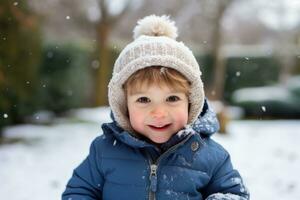 vinter- stänga upp utomhus- porträtt av förtjusande pojke .ai genererad foto
