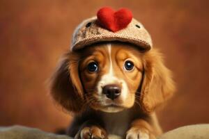 rolig porträtt söt valp hund innehav röd hjärta . ai genererad foto