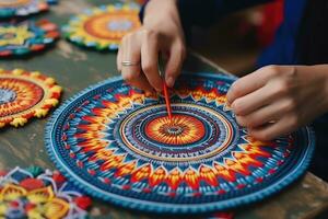 händer teckning peruvian mandala. ai genererad foto