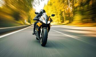 de rytande motor drivs de motorcykel på blixt- fart. skapande använder sig av generativ ai verktyg foto