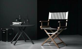 direktörens stol och film kläpp med filma Utrustning i bakgrund skapande använder sig av generativ ai verktyg foto