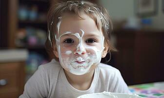 söt barn med en yoghurt mustasch skapande använder sig av generativ ai verktyg foto