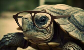 förundras på de unik syn av en geriatrisk sköldpadda bär glasögon. skapande använder sig av generativ ai verktyg foto