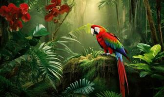 de tropisk regnskog är Hem till vibrerande papegojor skapande använder sig av generativ ai verktyg foto